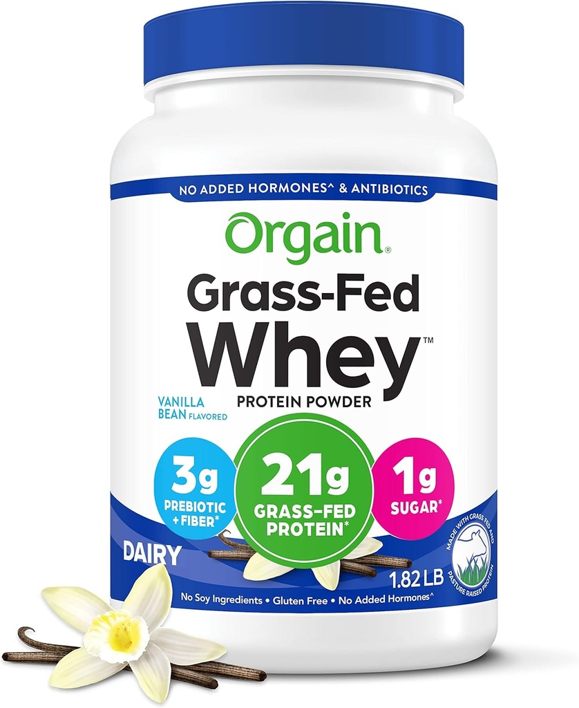 Orgain Whey Protein Powder, Vanilla Bean- 21g Grass Fed Dairy Protein, 5g BCAA, 3g Prebiotic Fiber, Ingen Sukker Tilføjet, Ingen Tilføjet Hormon, Gluten Free, Kosher, For Shakes & Smoothies - 1.82lb
