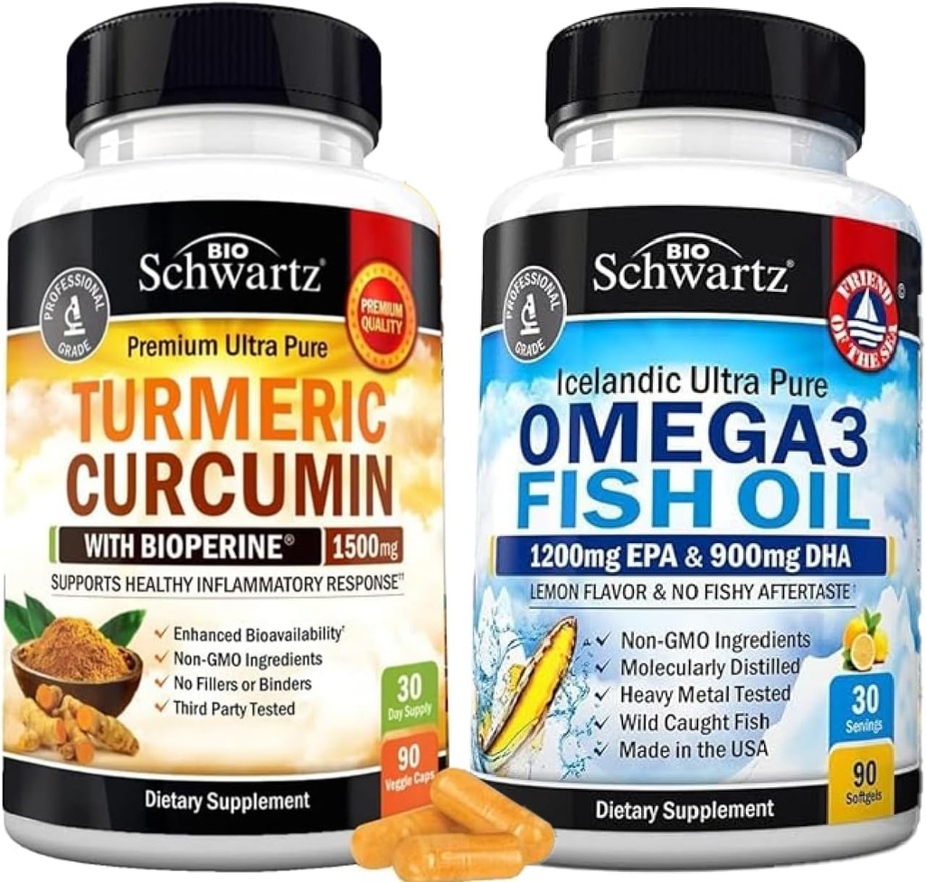 Triple Strength Omega 3 Fish Oil Softgel (1 måned Supply) Plus gurkemeje med sort peber ekstrakt 1500mg Complex (1 måned Supply)