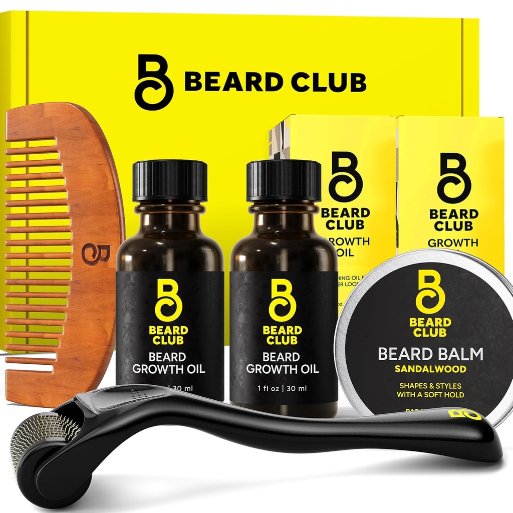 The Beard Club Enhanced Beard Growth Kit - Derma Roller, Beard Growth Oil (2PK), Sandalwood Beard Balm, Comb - Gavesæt