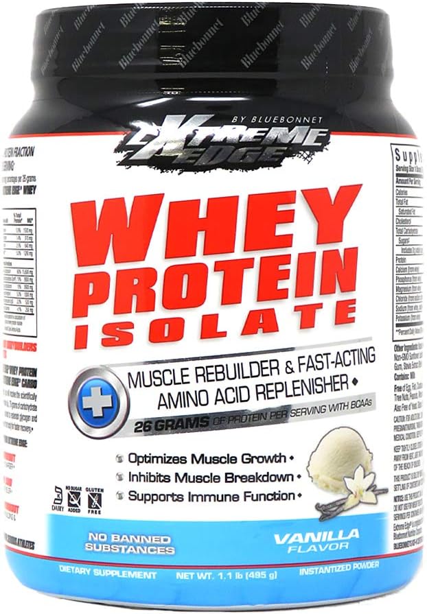 Bluebonnet Nutrition Extreme Edge Whey Protein Isolate Powder, Græs Fed Cower, 26 Bedste Protein, Ingen Sukker Tilføjet, Ikke GMO, Gluten Free, Soy Free, Kosher Dairy, 1 LB, 15 Servere, Vanilla Flavor