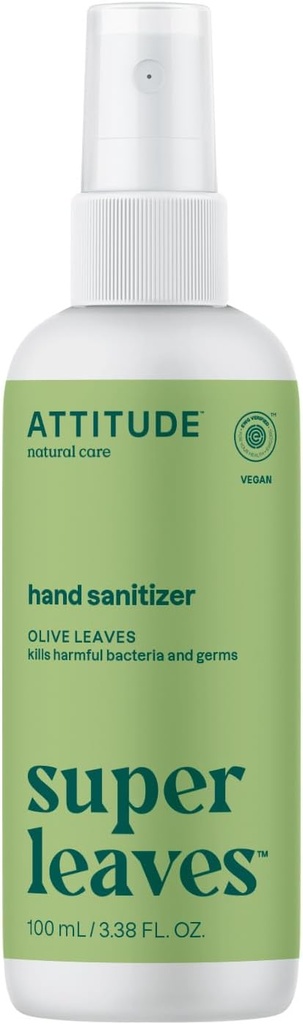 ATTITIDE Hand Sanitizer Spray, EWG Verified, Kills Germs & Bacteria, Vegan & Plant- baseret, Sikker for voksne & Børn, Olive Leaves Scent, 3.38 Fl Oz (Spray Flaske)
