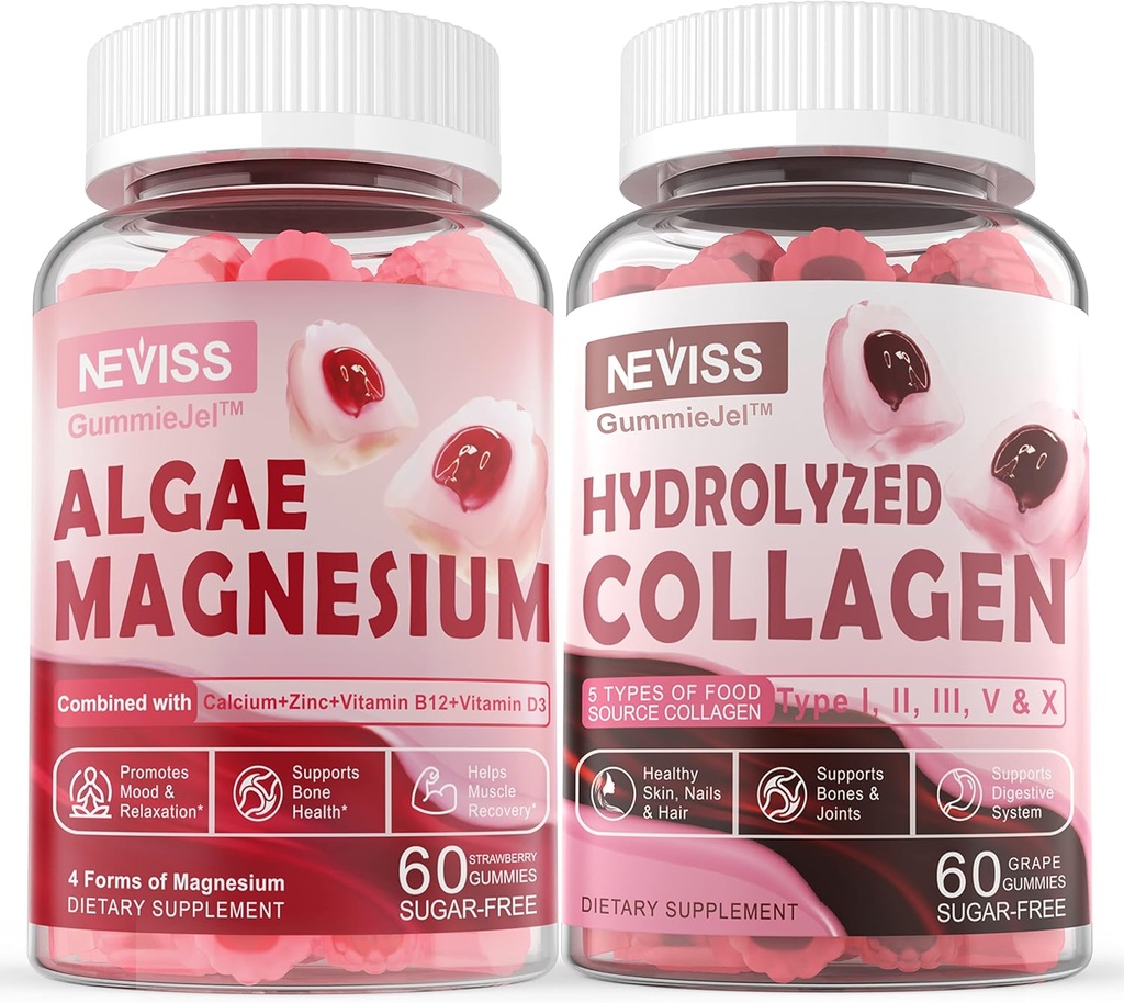 Hydrolyseret collagen gummies + Calcium Magnesium gummies for voksne - Sukker fri, støtte sund hud hårnegle, ben & nerve sundhed, muskelfunktion & mad