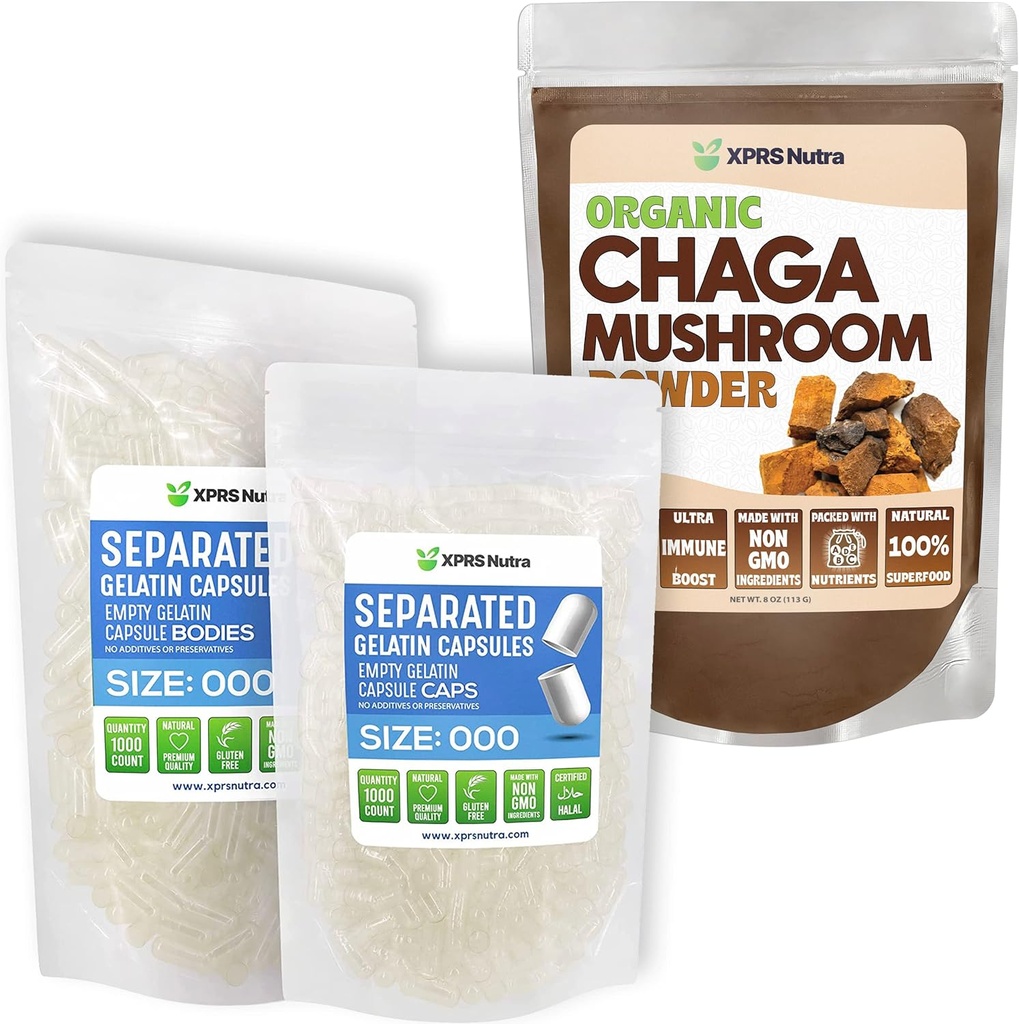 XPRS Nutra Separated Størrelse 000 Kapsler (1000 Tæl) med Chaga Powder (8 Ounce) Bundle