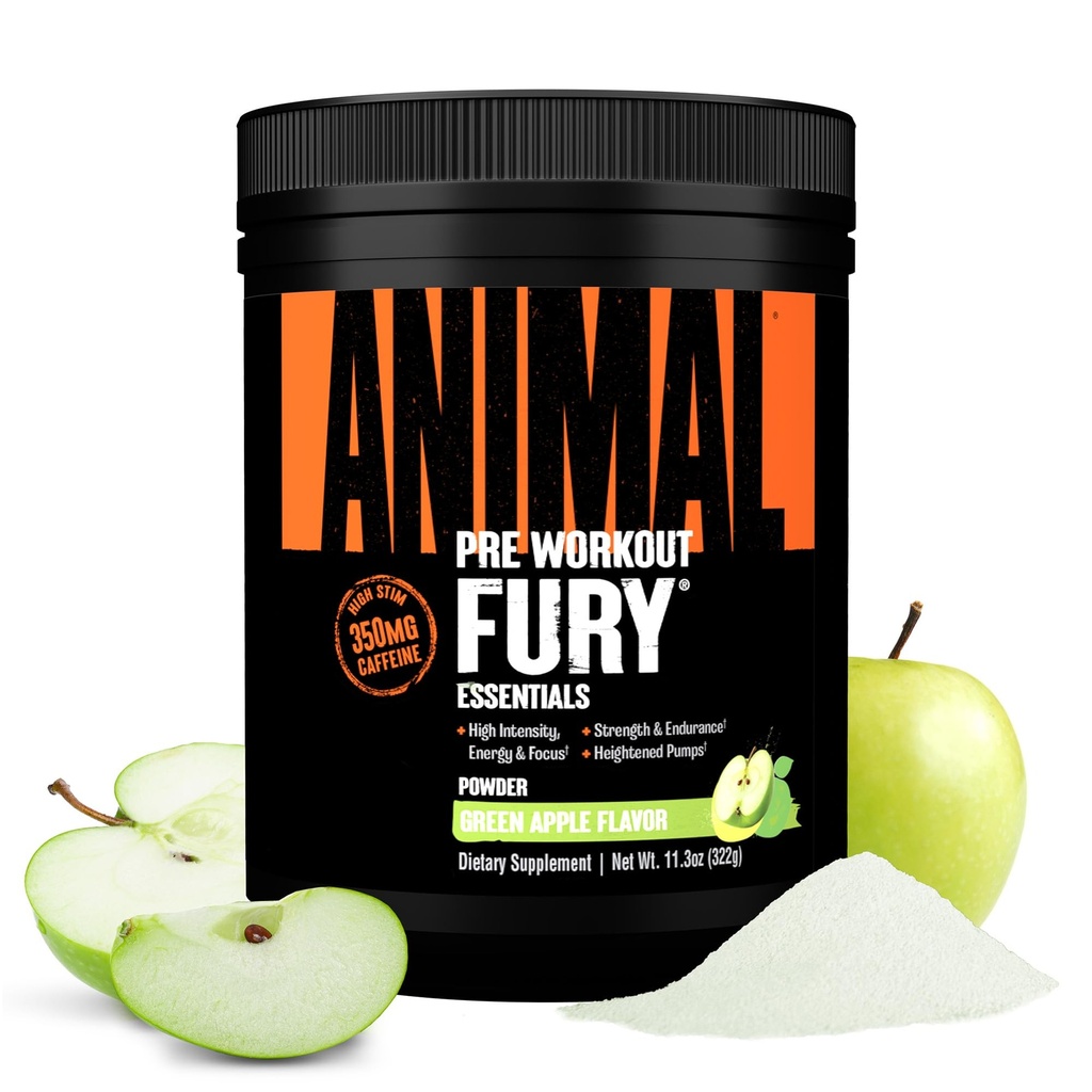 Animal Fury Pre Workout Powder - Green Apple, 350mg Koffein, BCAA Aminosyrer, 2g Beta Alanine, Citrullin & Tyrosine, Energy, Focus, Styrke, Endurance, Fortræning for mænd og kvinder, 20 Servering