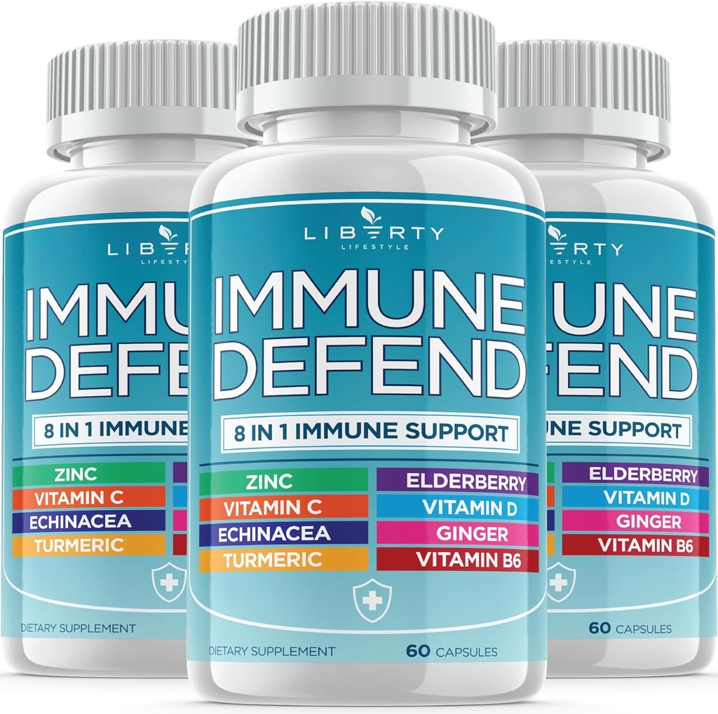 8 in 1 Immune Defense Support, Immunity Vitamins Supplement Booster with Zinc 50mg, Vitamin C Elderberry VIT D3 5000 IU, Turmeric Curcumin & Ginger, Echinacea - Allergy Relief for Kids Adults