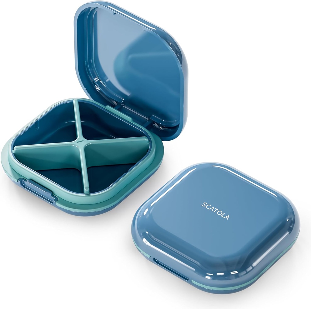 Lille pillekasse, rejsepilleboks, transportabel pilleorganizer, pillebeholder til lomme 4 afdelinger, Daily Compact Travel Medicine Holder for Vitaminer Medicin (blå)