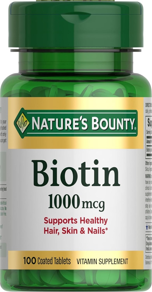 Naturens Bounty Biotin, understøtter Metabolisme for energi og sundt hår, hud og negle, 1000 mcg, 100 tabletter