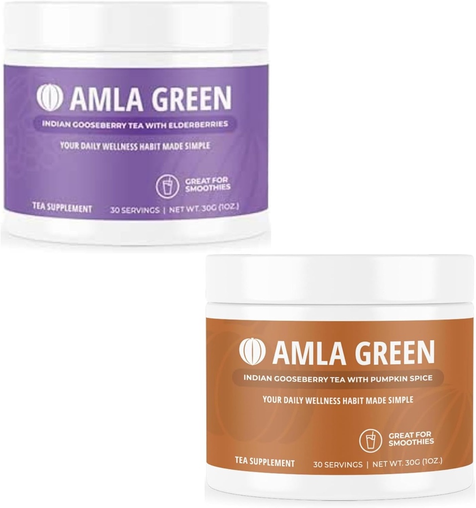 Amla Powder & Green Tea Superfood supplement med Elderberry & Græskar Spice, Økologisk, Vegan, 30 Servere