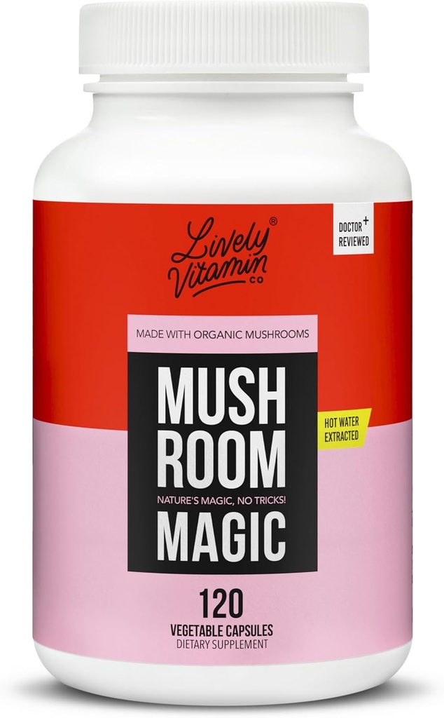 LIVELY VITAMIN CO. Mushroom Magic - Chaga - Cordyceps - Lions Mane - Tyrkiet Tail - Reishi - Shiitake - Maitake - Immun- Energy - Memory - Non-GMO - 120 Veganske kapsler