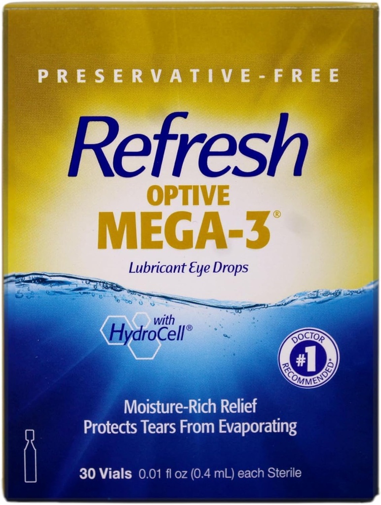 Genopfrisk Optive Mega-3 smøremiddel Single- Use Steril Containers Eye Drops 30 ea (pakke med 3)