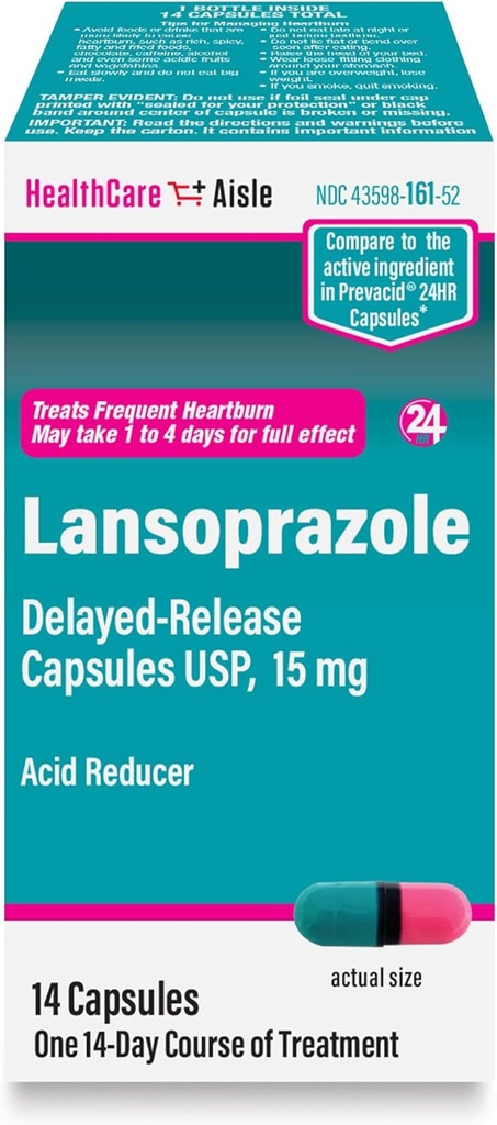 HealthCareAisle Lansoprazol 15 mg - 14 Forsinkede frigivelseskapsler - Acid Reducer, Treats Hyppig Heartburn