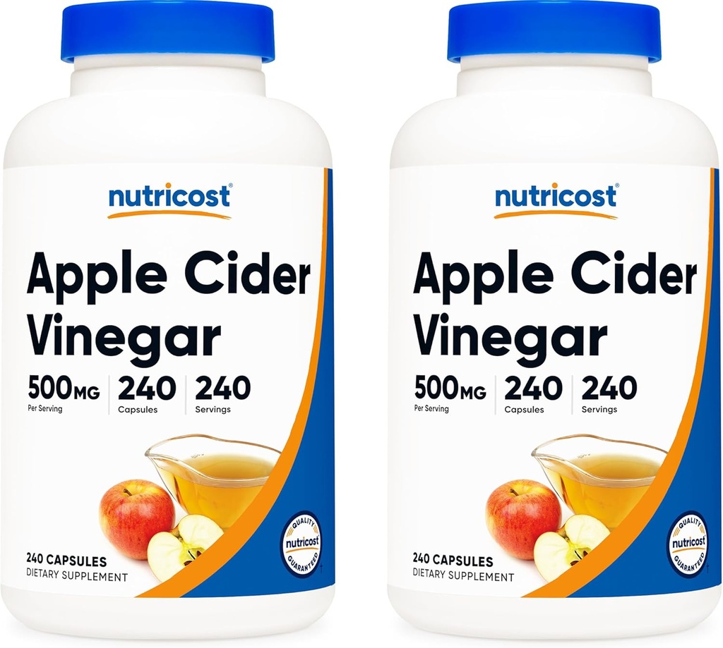 Nutricost Apple Cider Vinegas 500mg, 240 Vegetariske Kapsler - Natural, Non- GMO, og Gluten Free (2 flasker)