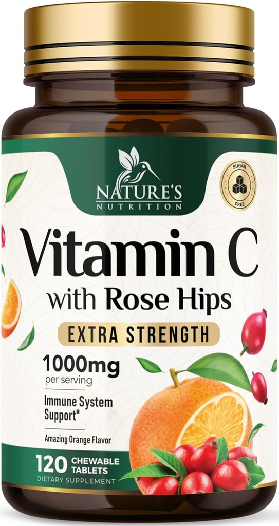Vitamin C Chewable 1000mg - Ekstra styrke Antioxidanter til kraftig immunforsvar w / C-vitamin & Rose HIPS - Potent kost VIT C Chews Supplement, Natural Orange Flavor, Vegan, Non- GMO - 120 tabletter