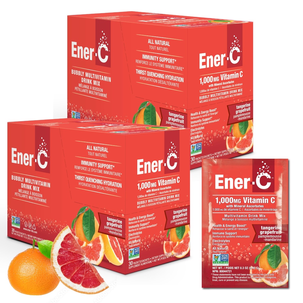 Energi- C Tangerin & Grapefrugt Multivitamin Drink Mix, 1000mg C-vitamin, ikke-GMO, Vegan, Real Fruit Juice Powders, Natural Immunity Support, Electrolytes, Gluten Free, 2-pakker med 30 (60 Greve)