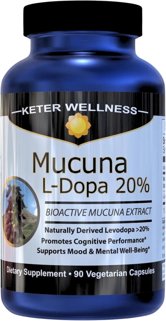Mucuna Pruriens L- dopa - 20% L dopa Velvet Bean Extract, Dopamin Mood Support, Natural Brain Health Booster for Super Focus, Energy, og Peak Performance, 90 Kapsler