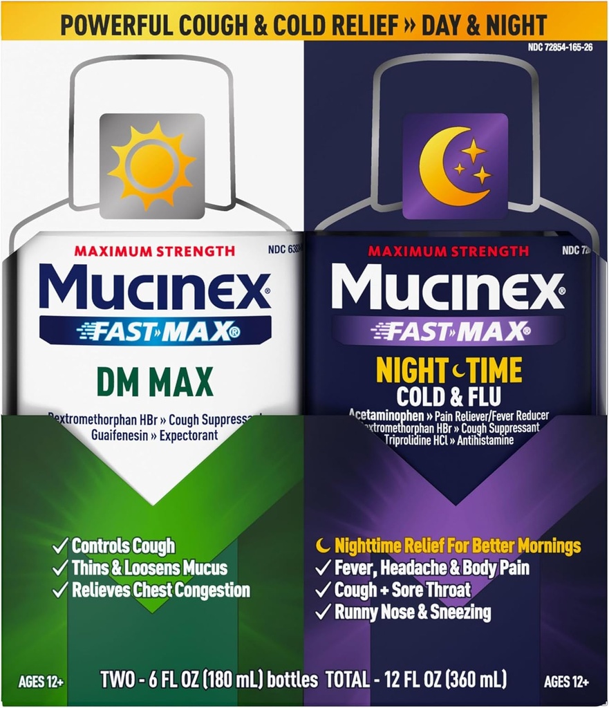 Maksimal styrke Mucinex FastMax DM Max & Mucinex Nightshift Cold & Flu Flydende (2 x 6 fl. oz.) Tynder & Loosens Mucus, Relieves Hoste & Bryst Congestion, Smerte, Feber, Nysen, Sore Hals, Runny Næse