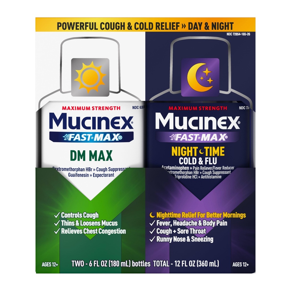 Maksimal styrke Mucinex FastMax DM Max & Mucinex Nightshift Cold & Flu Flydende (2 x 6 fl. oz.) Tynder & Loosens Mucus, Relieves Hoste & Bryst Congestion, Smerte, Feber, Nysen, Sore Hals, Runny Næse