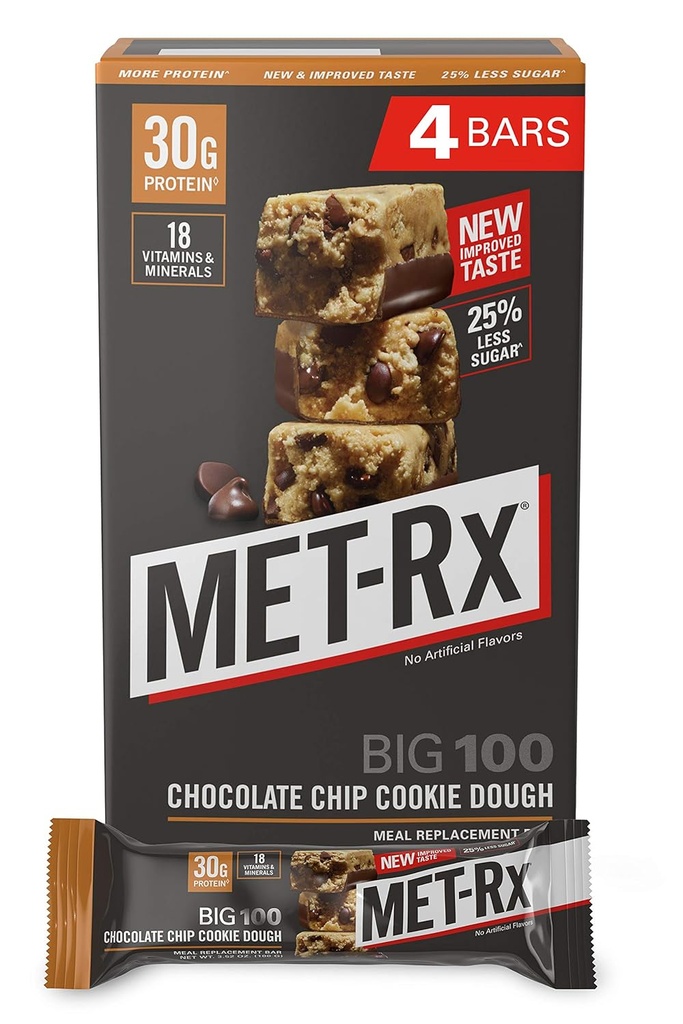 MET- Rx Big 100 Colossal Protein Bars, Great as Sund Meal Erstatning, Snack, og Hjælp Support Energy, Gluten Free, Chokolade Chip Cookie Dough, 100 g, 4 Greve (Packaging May Vary)