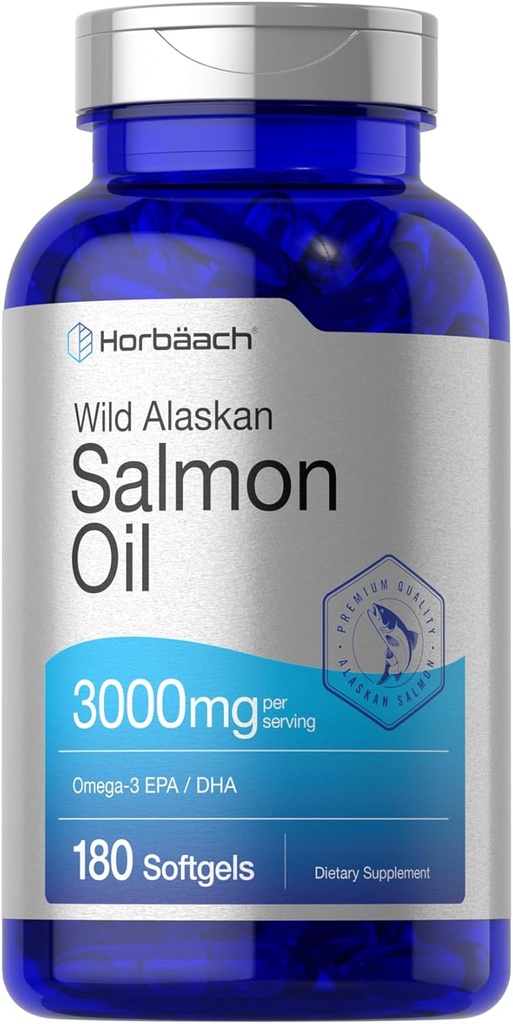 Horbäach Wild Alaskan Salmon Fish Oil | 180 Softgel Capsules | Gluten Free, Non-GMO | High Potency | Excellent Source of Omega-3 Fatty Acids EPA and DHA