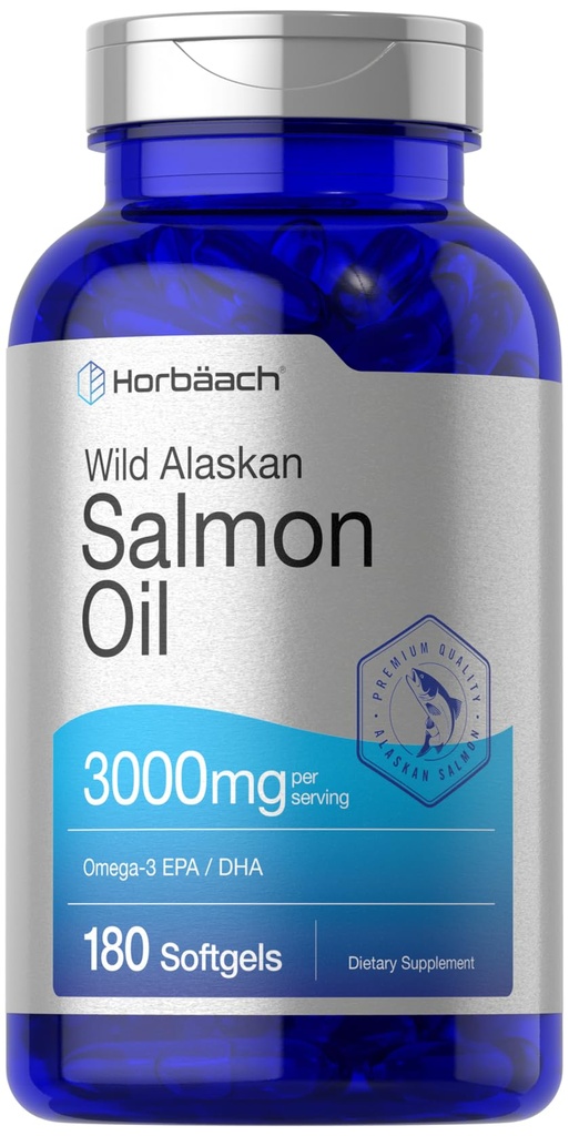 Horbäach Wild Alaskan Salmon Fish Oil against 124; 180 Softgel Capsules against 124; Gluten Free, Non- GMO against 124; High Potency against 124; Excellent kilde til Omega-3 fedtsyrer EPA og DHA