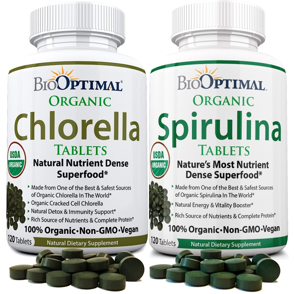 BioOptimal Chlorella Spirulina - Bundle - Organic Chorella Tablets & Organic Spirulina Tablets, 120 Greve hver, Premium kvalitet 4 Organic Certificeringer
