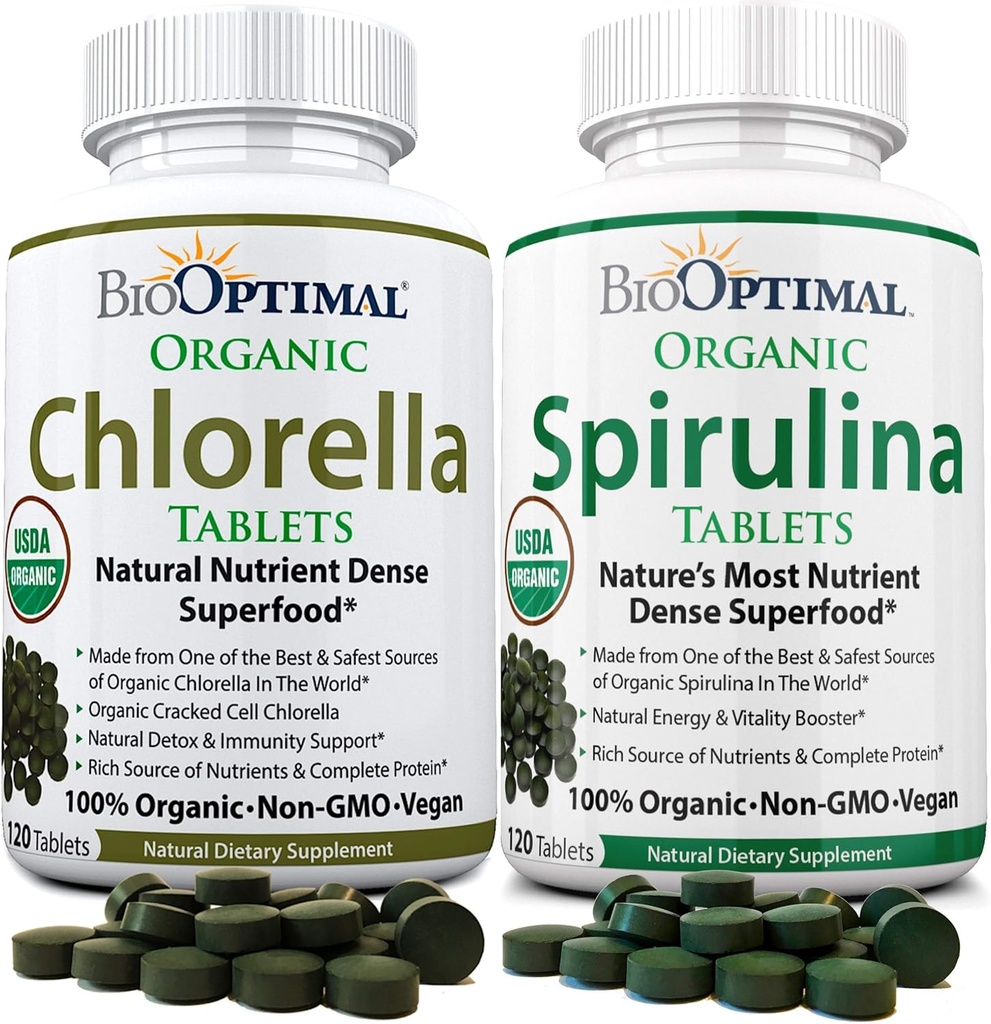 BioOptimal Chlorella Spirulina - Bundle - Organic Chorella Tablets & Organic Spirulina Tablets, 120 Greve hver, Premium kvalitet 4 Organic Certificeringer