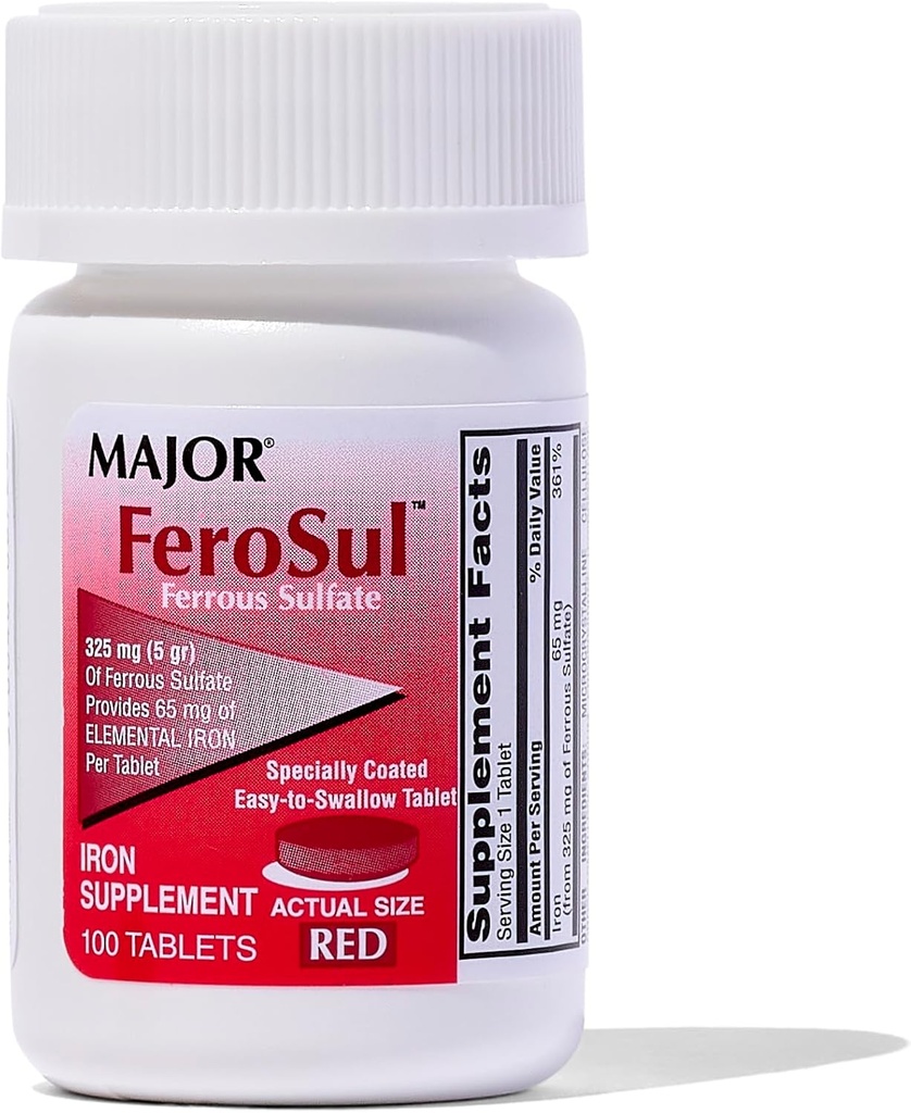 Major Ferosul - Ferrosulfate 325mg tabletter med 65mg elementært jern - jerntilskud til kvinder, mænd - rød - 100 tabletter - pakning med 1 stk.