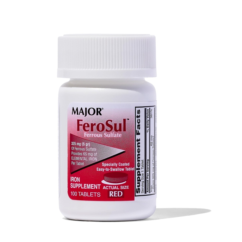 Major Ferosul - Ferrosulfate 325mg tabletter med 65mg elementært jern - jerntilskud til kvinder, mænd - rød - 100 tabletter - pakning med 1 stk.