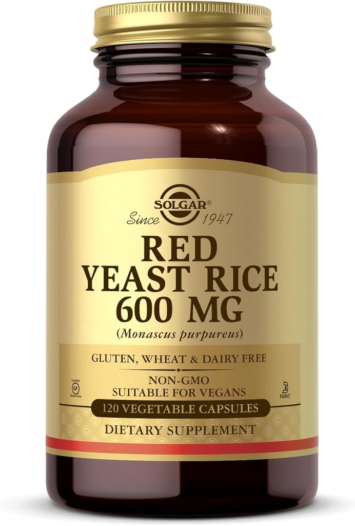 Solgar Red Yeast Rice 600 mg - 120 Vegetabilske kapsler - non-GMO, Vegan, Gluten & Dairy Free, Kosher - 60 Servere