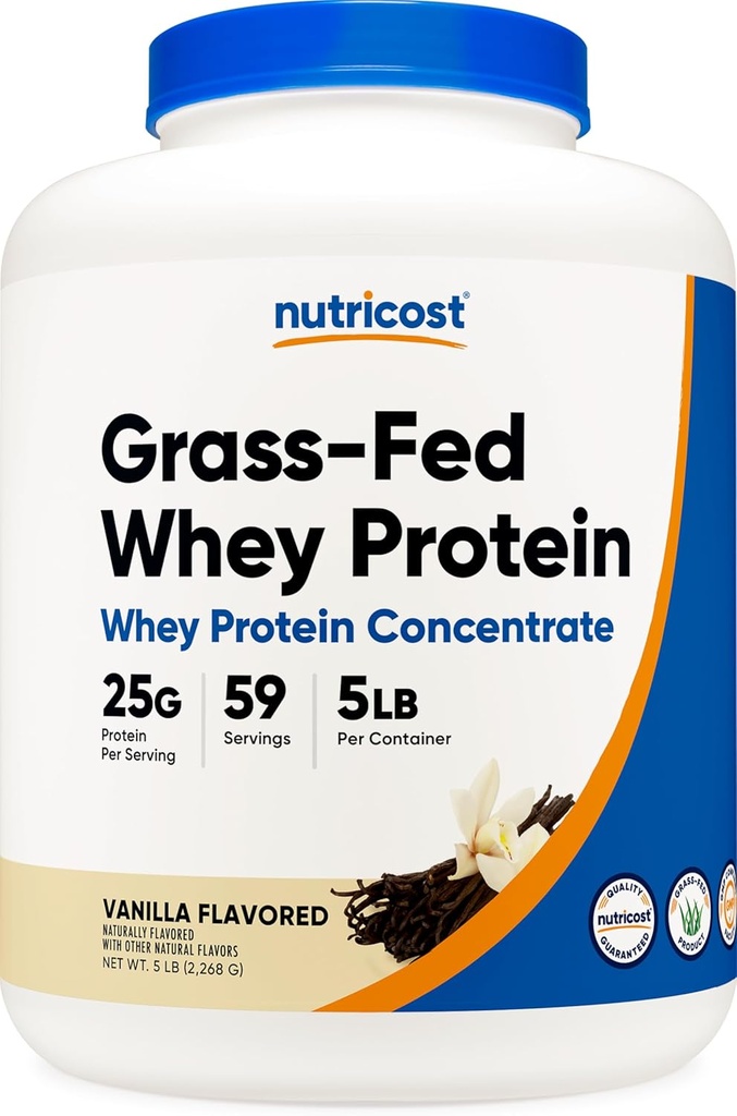 Nutricost Grass-Fed Whey Protein Concentrate (Vanilla) 5LBS - Undenatured, Non-GMO, Gluten Free, Natural Flavors