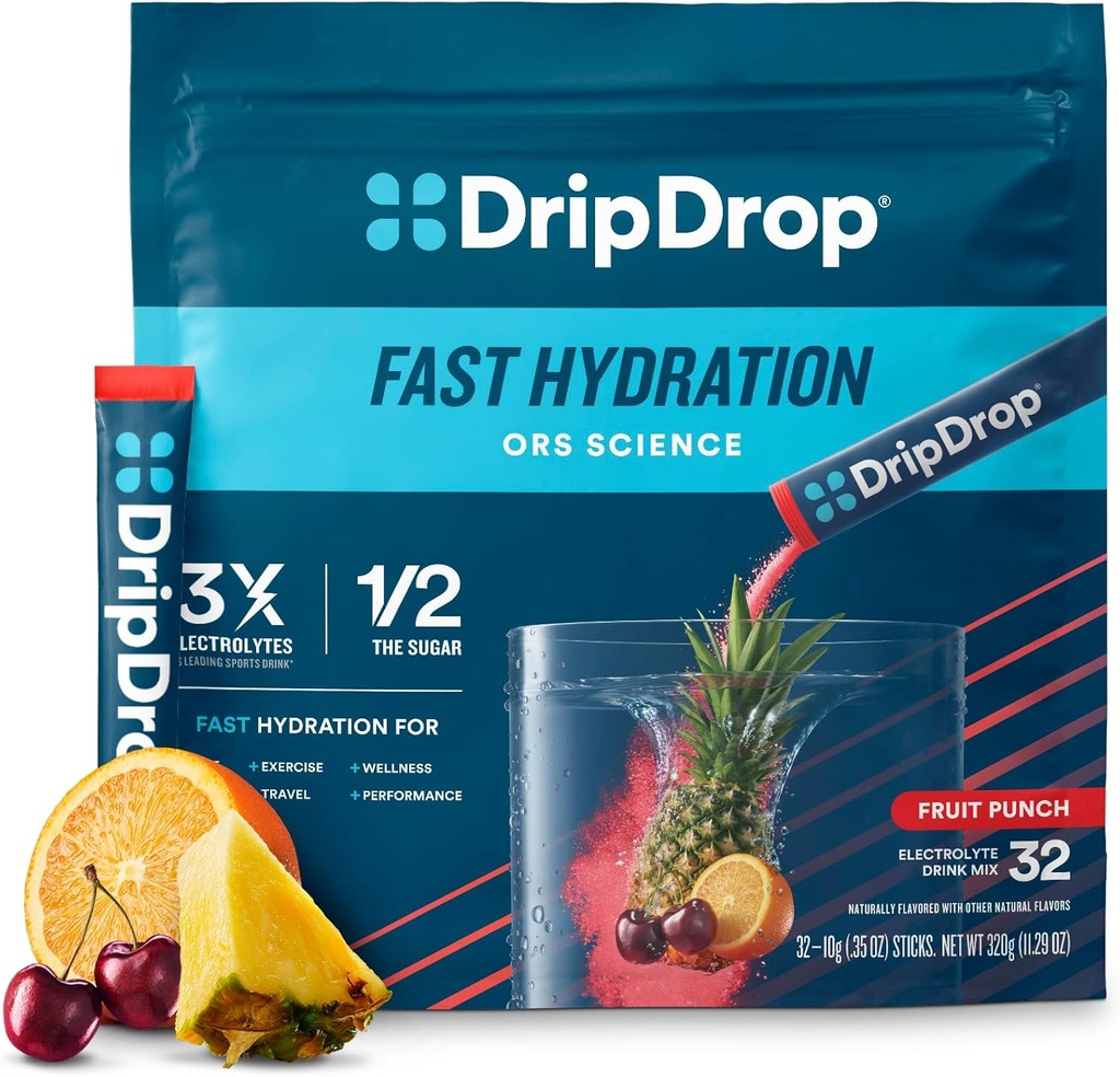 DripDrop Hydration Pakker - Frugt Punch - Single Serve Electrolytes Powder Mix - Non-GMO, Gluten Free, Vegan - 32 sticks