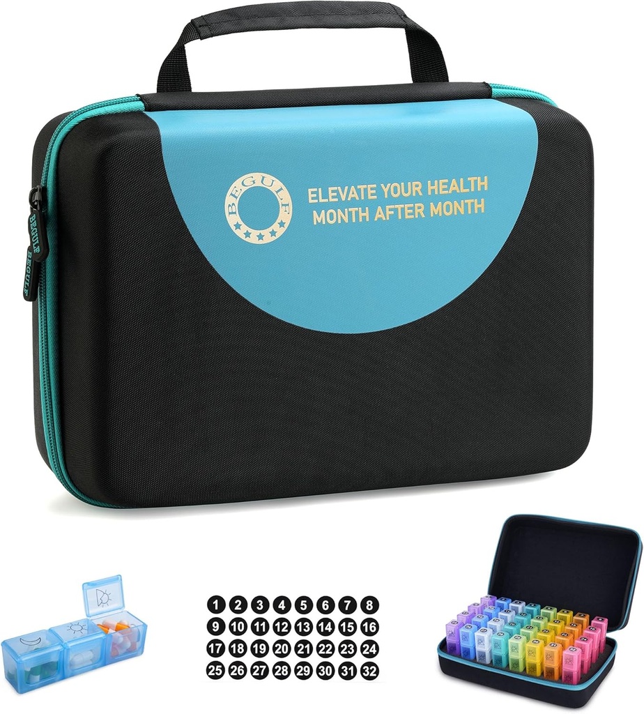 Drop-Proof Månedlig Pill Organizer 3 gange om dagen, 30 dages rejse Pill Box Organizer med 32 daglige kompartmenter, Medicin Organizer Box for Vitamin, Fish Oil, tillæg (sort)