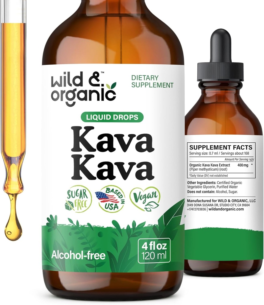 Wild & Organic Kava Kava Drops 400 mg - Calmness & Relaxation Supplement - 5-måned Supply - Vegan, Sukker & Alkohol- Free Liquid Root Extract Drops - 4 fl oz