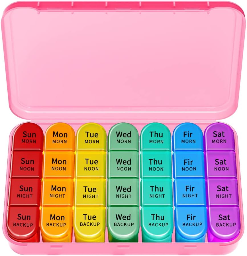 Ugentlig Pill Organizer, Stor Pill Box Case (7-Dag / 4-Times- A- Dag) med store kompartmenter til at holde masser af fiskeolier, Vitaminer, Morgen middag nat medicin dispenser (Pink)