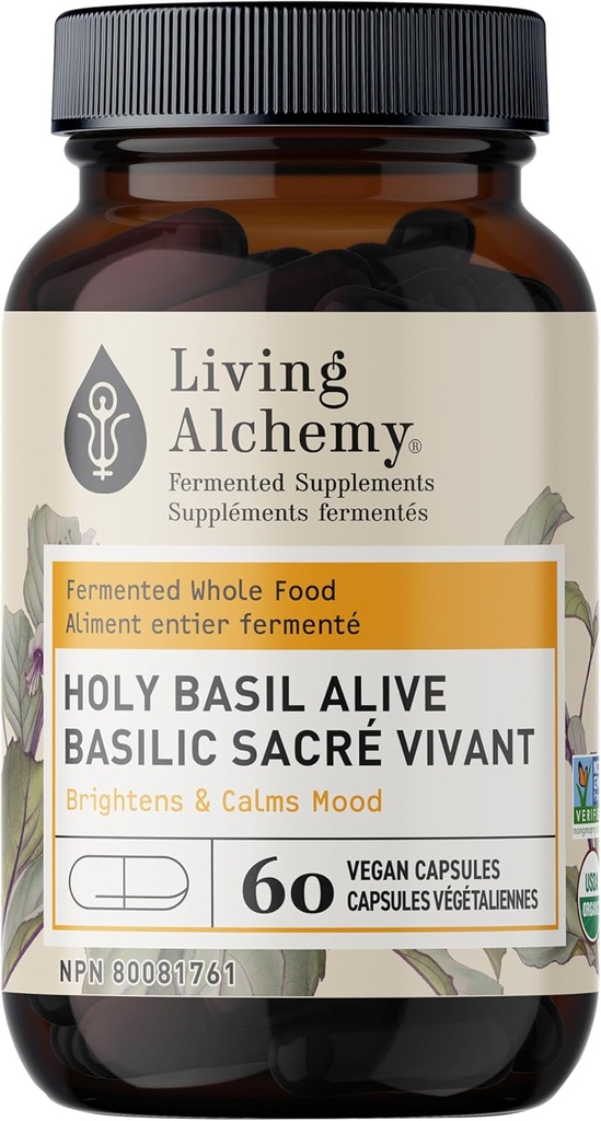 Holy Basil Kosttilskud - Gæret Holy Basil med naturlige Lemon Balm - Daglige Kosttilskud til kvinder & mænd - Vegan, ikke-GMO - Living Alchemy, 60 stk.
