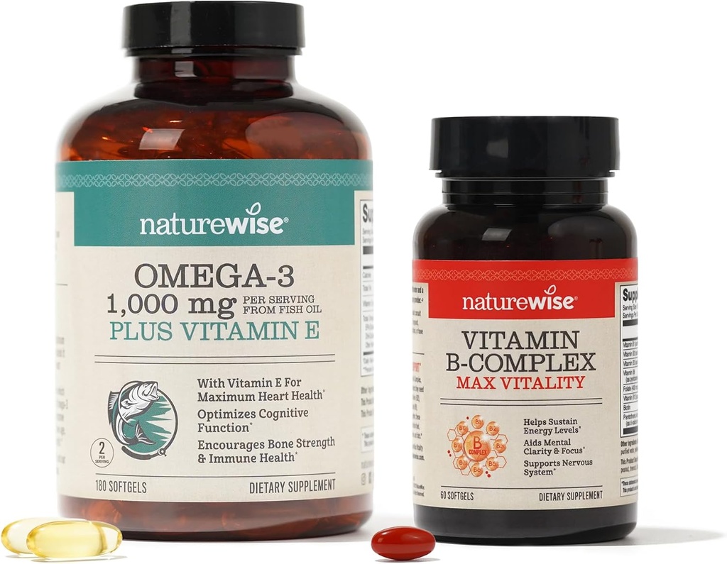 NatureWise 1000mg Omega 3 600mg EPA 400mg DHA med vitamin E 180ct & vitamin B Complex til cellulær energi 60 Softgels [2-måned]