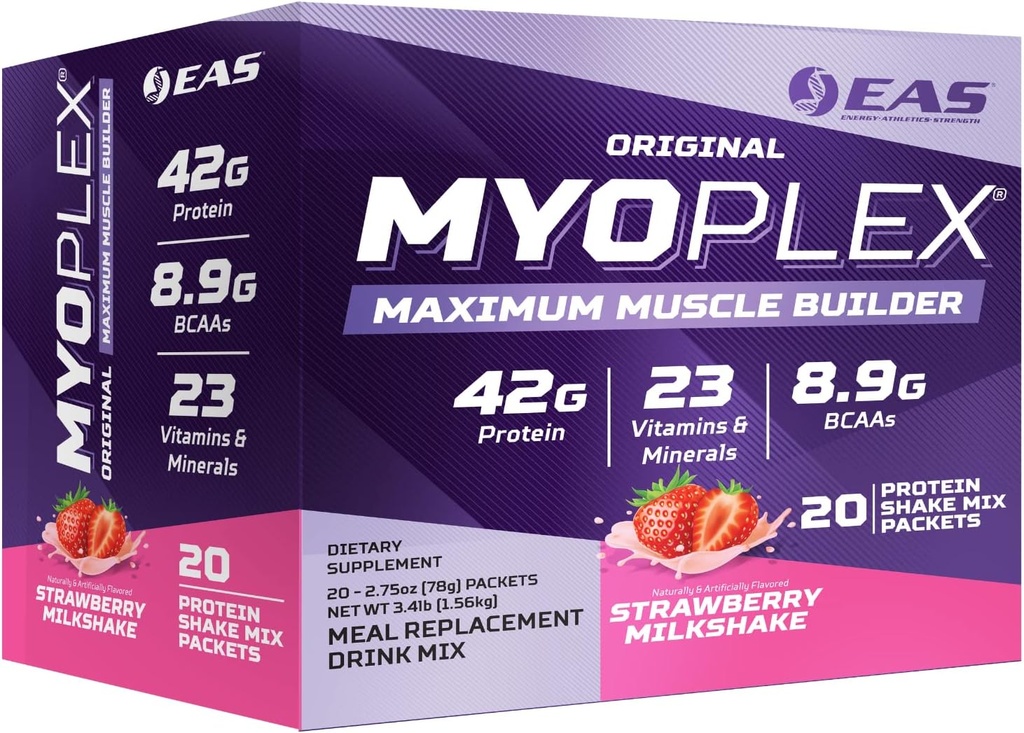 EAS Original Myoplex Maximum Muscle Builder Meal Erstatning Protein Drink Mix 124; Quality Protein Blend Buddy 124; 42g Protein Buddy 124; 20 Individuelle Pakker (Strawberry Milkshake)
