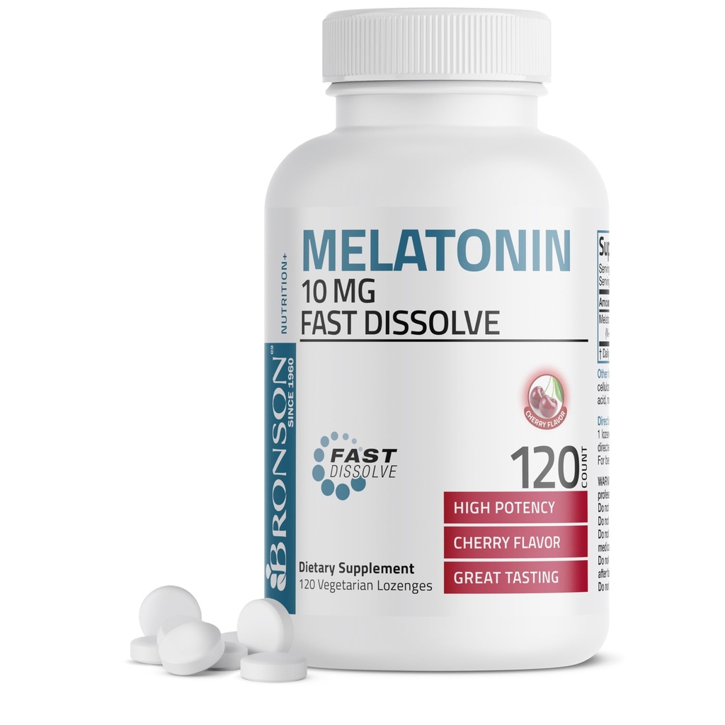 Bronson Melatonin 10mg Fast opløsning Cherry Flavored Tablets Vegetarisk Chewable Lozenges, 120 Greve