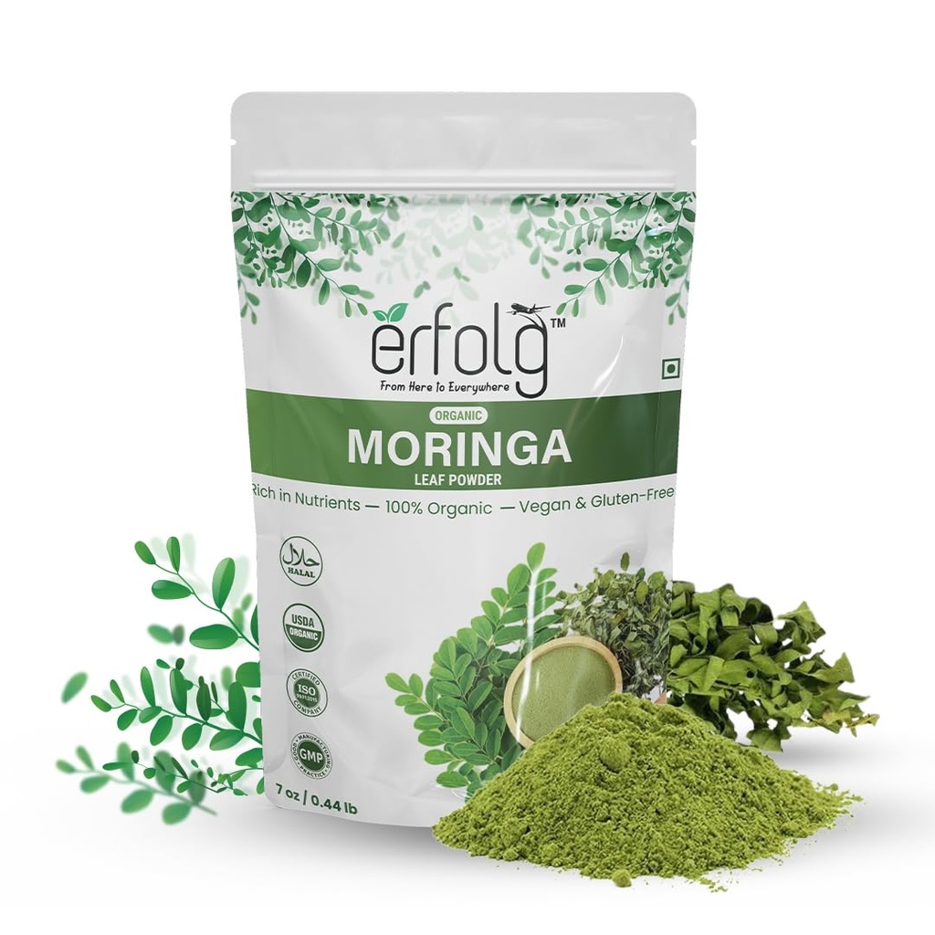 Erfolg 100% Økologisk Moringa Oleifera Leaf Powder Dex124; 7 oz - 0,44lb Dex124; Rich in Nutrients, Vegan & Gluten- Free, Rich in Antioxidants & immunvitamin Dex124; Moringa Drink Dex124; Moringa Tea