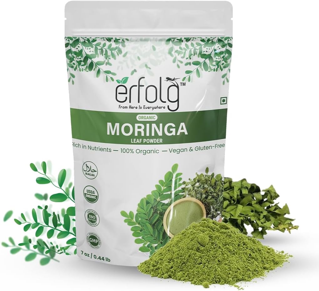 Erfolg 100% Økologisk Moringa Oleifera Leaf Powder Dex124; 7 oz - 0,44lb Dex124; Rich in Nutrients, Vegan & Gluten- Free, Rich in Antioxidants & immunvitamin Dex124; Moringa Drink Dex124; Moringa Tea