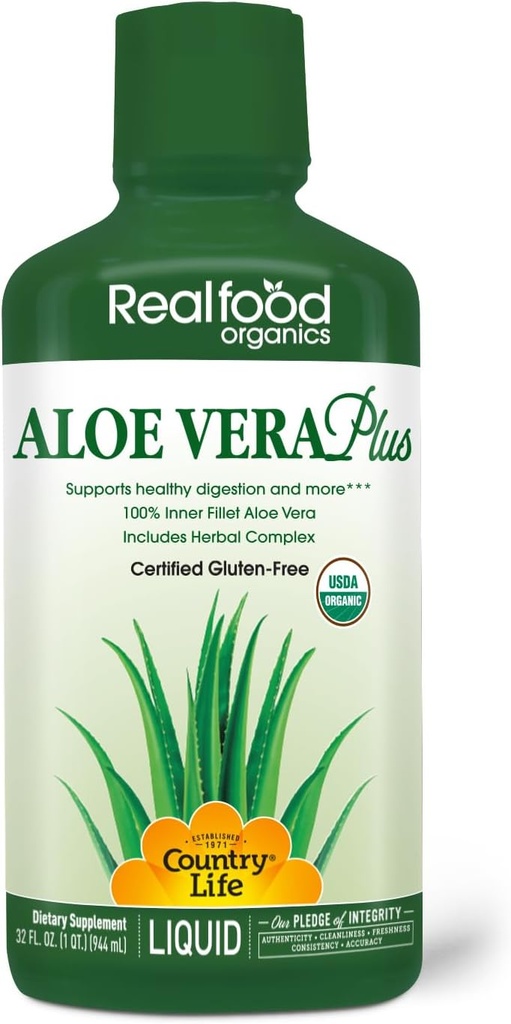 Country Life Realfood Organics Liquid Aloe Vera Plus - Understøtter fordøjelsessygdomme og immunsystemet - med Slippery Elm, Ginger, gurkemeje, pebermynte - Organic ActiValoe, Qmatrix Process - 32 oz