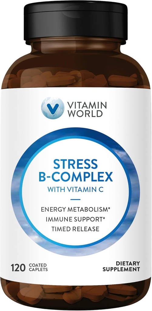 Vitamin World Stress B-vitamin Kompleks med C-vitamin, Timet Release High- Potency Vitamin B6, B12, Niacin, Folate & Biotin til stress, energi, Metabolisme og immunforsvar, Non- GMO, 120 kapsler