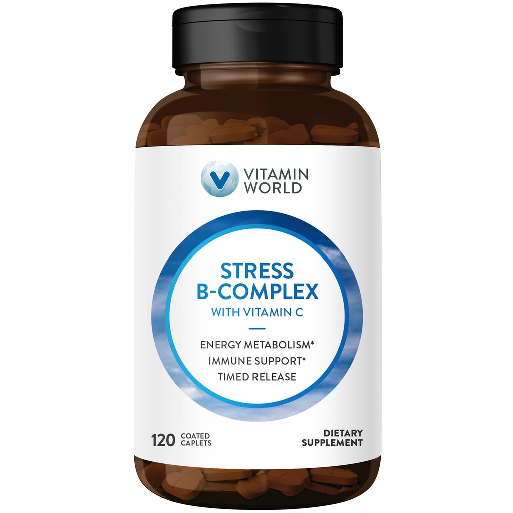 Vitamin World Stress B-vitamin Kompleks med C-vitamin, Timet Release High- Potency Vitamin B6, B12, Niacin, Folate & Biotin til stress, energi, Metabolisme og immunforsvar, Non- GMO, 120 kapsler
