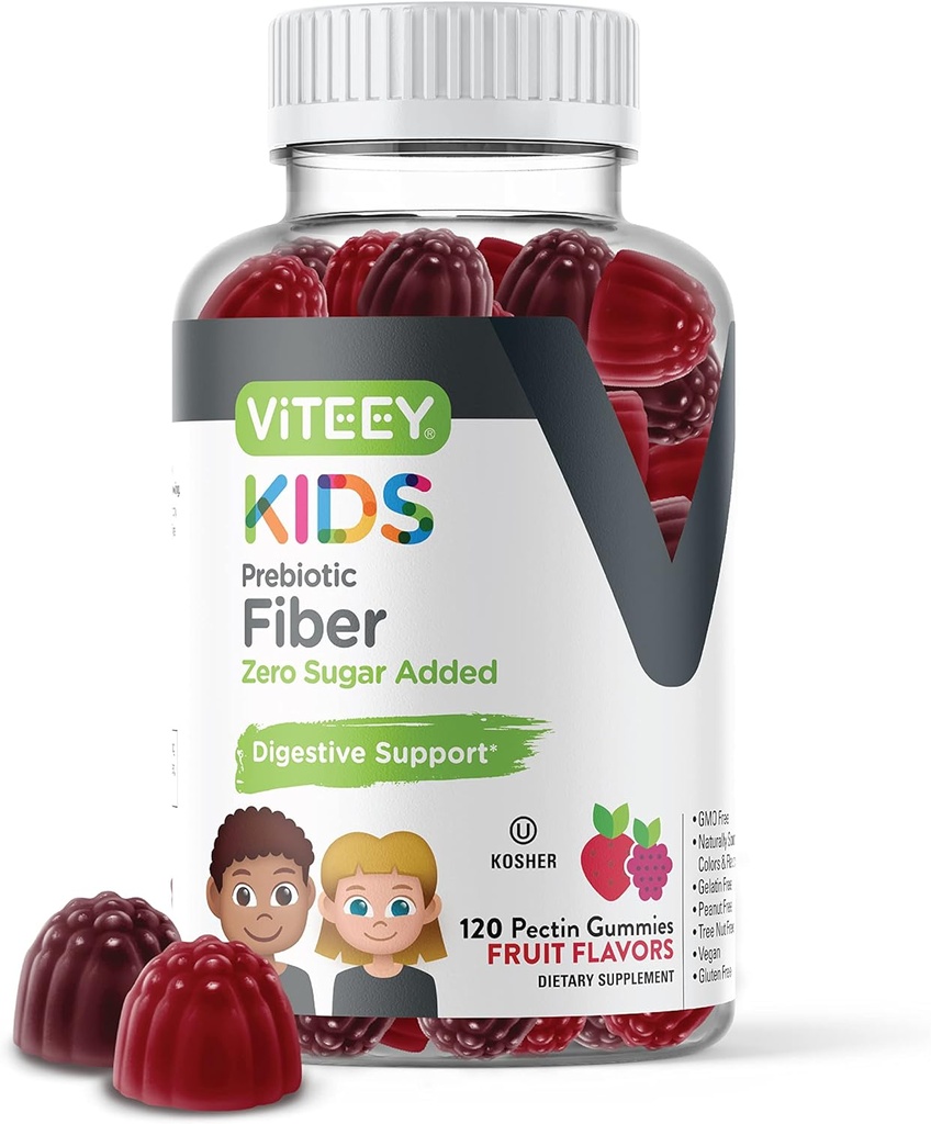 Viteey Prebiotic Kids Fiber til Forstoppelse Relief, fordøjelsesmæssig sundhed regularitet Support, Naturlig vægt Support - Fiber 4g, Zero Sugar Added, Vegan, Gluten Free - Tasty Chewable Fruit Flavored Gummy