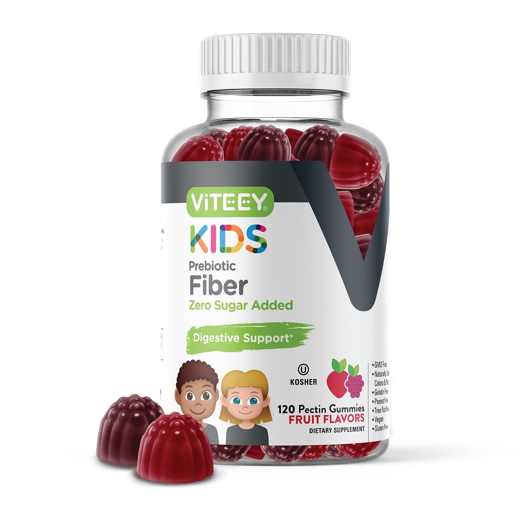 Viteey Prebiotic Kids Fiber til Forstoppelse Relief, fordøjelsesmæssig sundhed regularitet Support, Naturlig vægt Support - Fiber 4g, Zero Sugar Added, Vegan, Gluten Free - Tasty Chewable Fruit Flavored Gummy