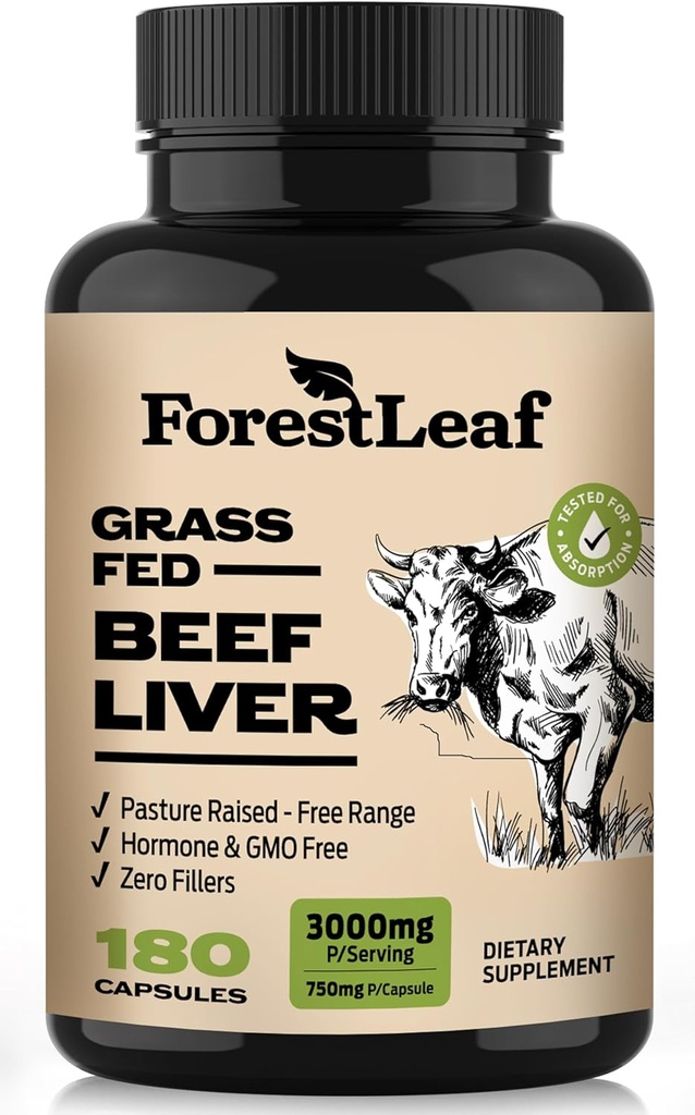 ForestLeaf Græs Fed Oksekød Leverkapsler, 3000mg Per Servering, Understøtter Fuld Immunitet & Body Wellnes, Cleansing, fordampning, Natural Iron, Vitamin A og B12, Frys tørret oksekød lever supplement, 180 Caps