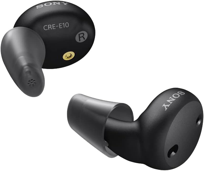 Sony CRE- E10 Self- Fitting OTC hørelse aids for Mild til Moderate Høretab, Præskription- Grade lydkvalitet, Komfortabel Earbud Design, Bluetooth aktiveret for iOS, og Genopladeligt batteri, Sort