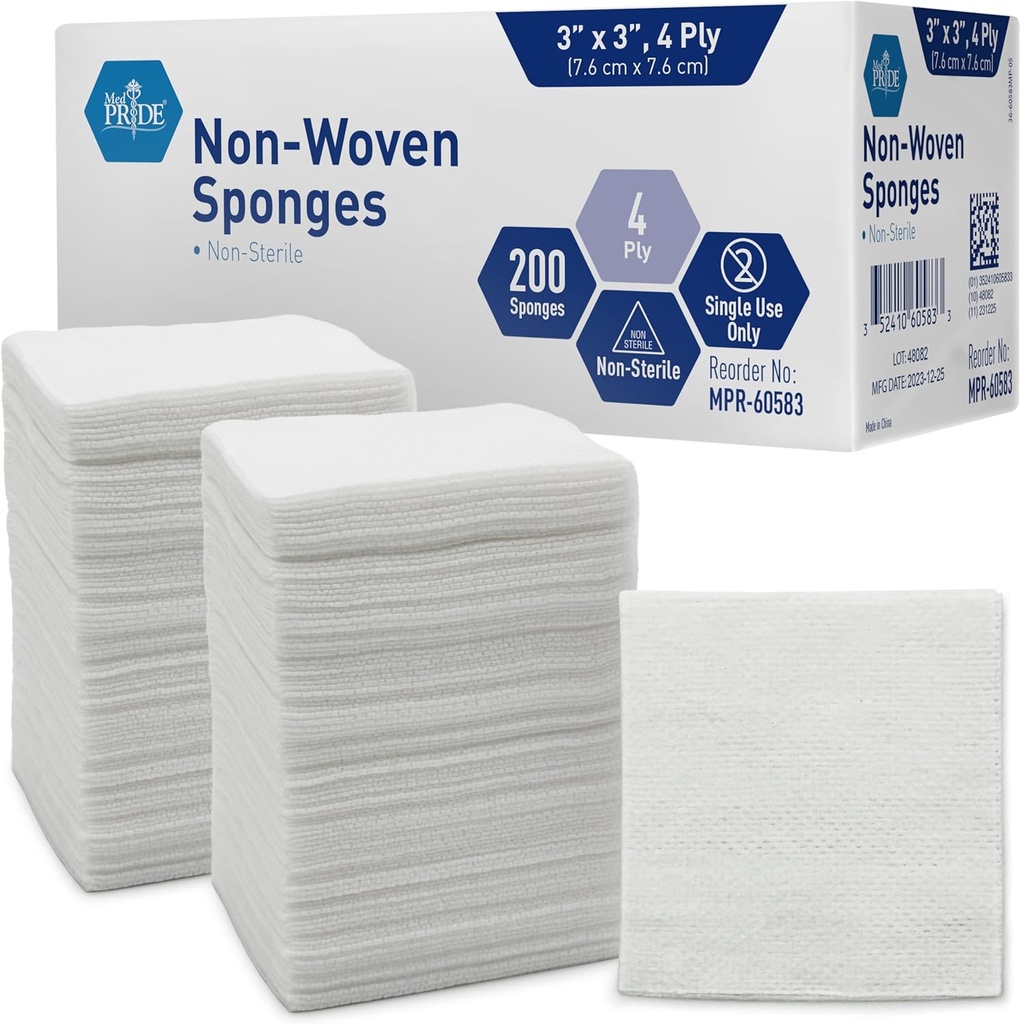 MED PRIDE 3x3 i Gauze Pads 200 Pack, Nonsteril, 4 Ply, Nonadjustent Mesh Bandager, Absorbent Sårpleje Dressing Sponges