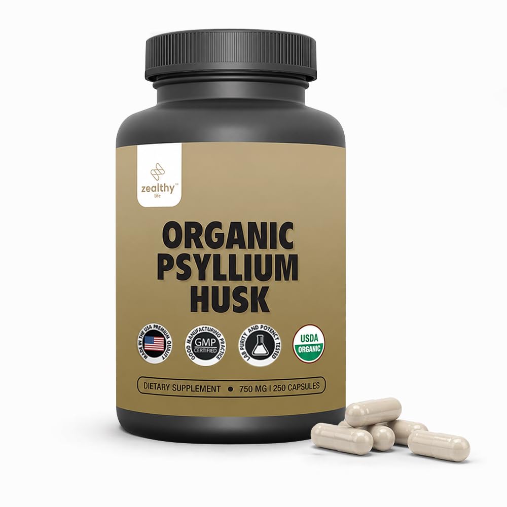 Økologisk Psyllium Husk Kapsler 750 mg, Natural Fiber Supplement for Gut Health * - Alternativ til Psyllium Husk Powder, Zesund Life, 250 Kapsler