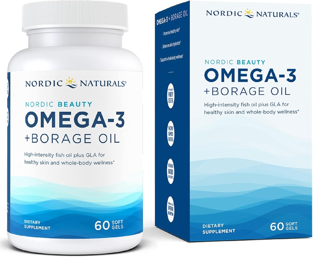 Nordic Naturals Nordic Beauty Omega-3 + Borage Oil, Natural Lemon - 60 Soft Gels - Fish Oil Supplement for hud sundhed og hydrering - ikke-GMO - 30 Servering